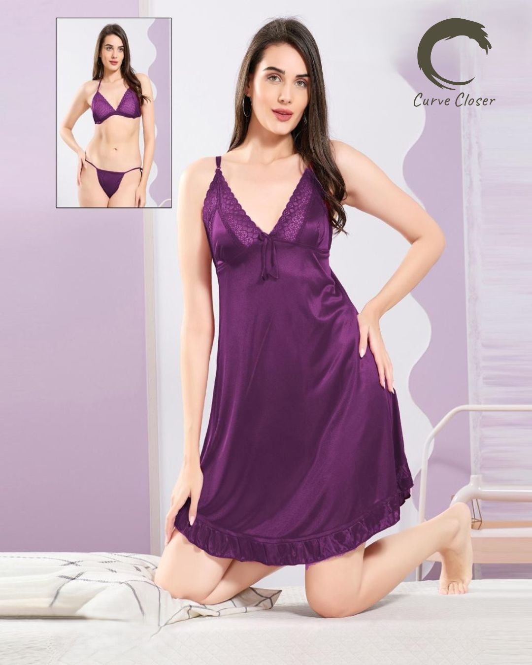 Satin & Lace 3-Piece Nightwear