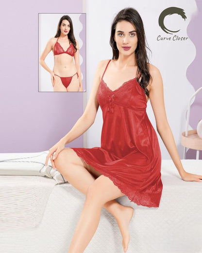 Satin & Lace 3-Piece Nightwear