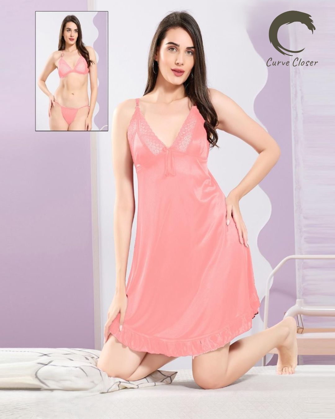 Satin & Lace 3-Piece Nightwear
